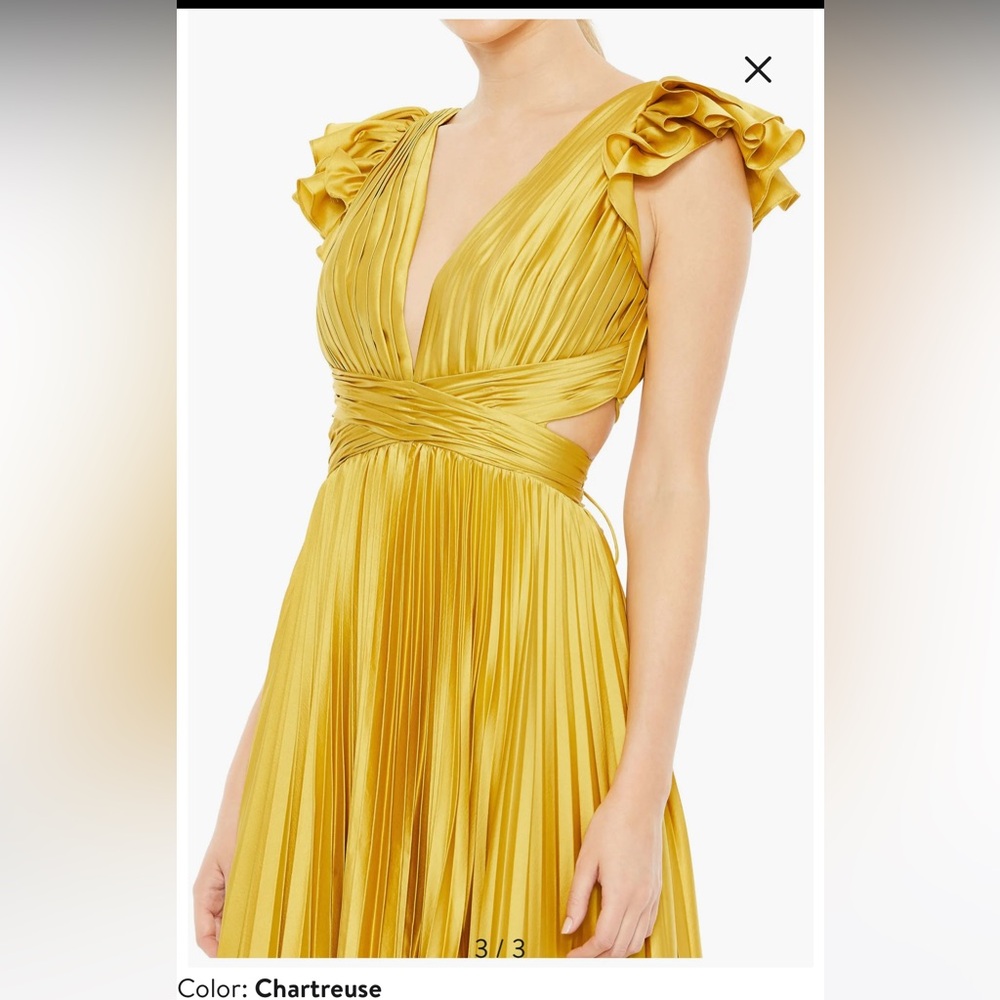 Pleated Ruffled Cap Sleeve Cut Out Lace Up Gown - Picture 3 of 6